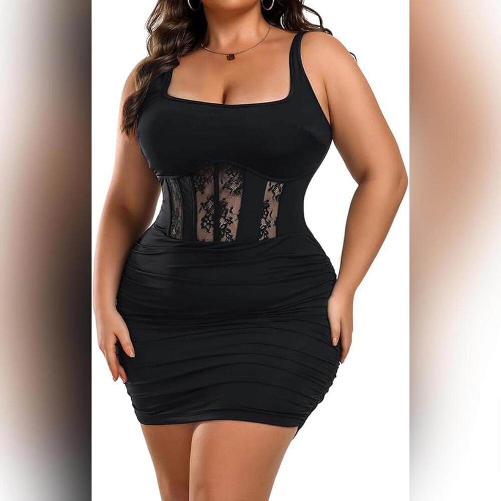 NWT FANCMISTERY Ruched Bodycon Square Neck Party Dress, XL (14-16)